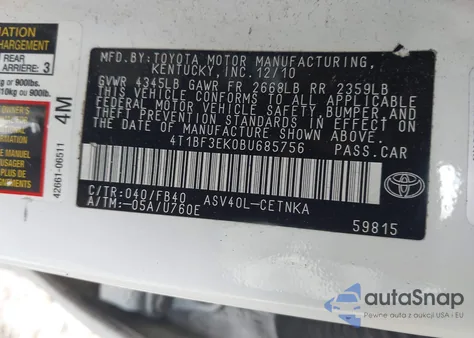 2011 Toyota Camry from USA, damaged, VIN 4T1BF3EK0BU685756